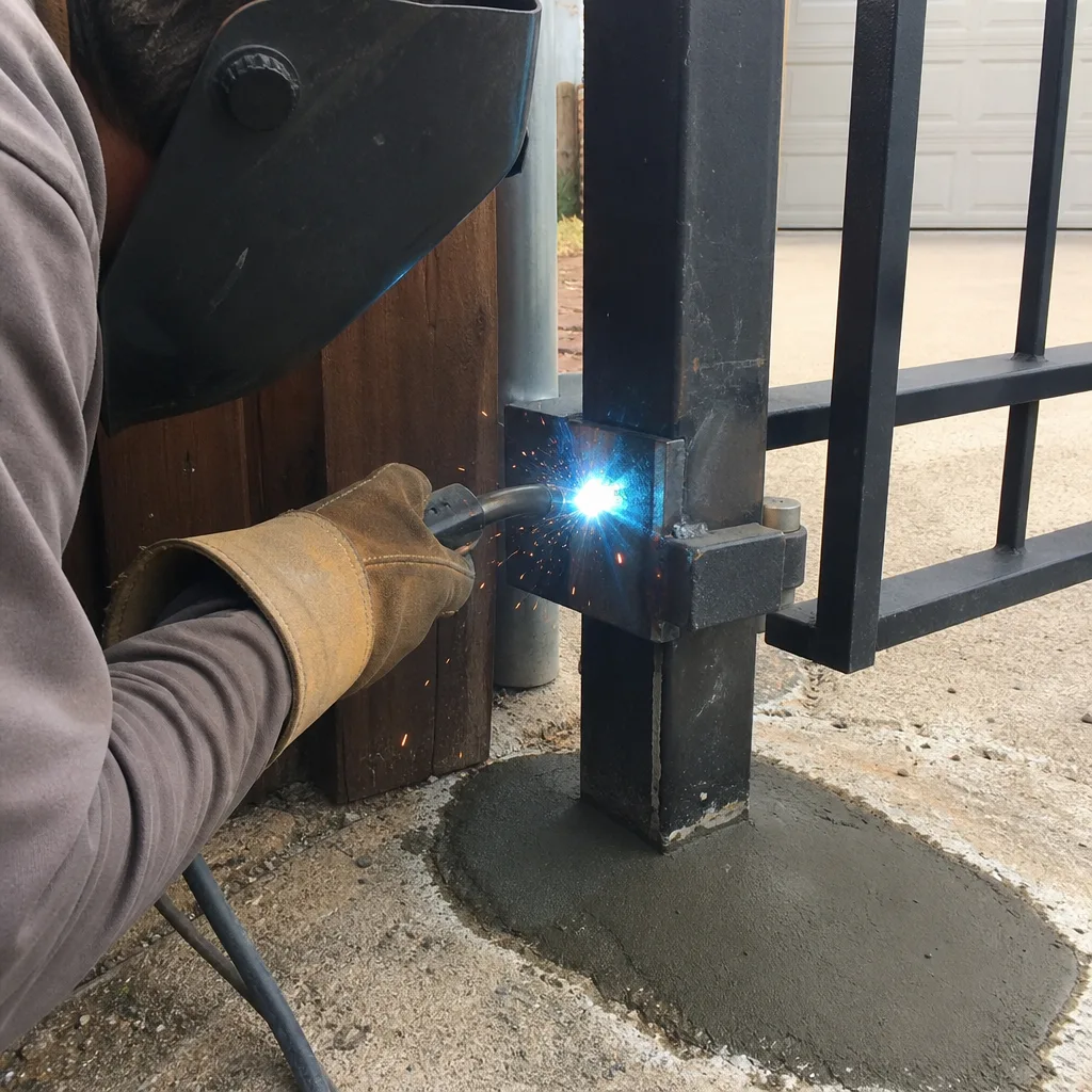 Professional welder performing metal gate installation and repair work