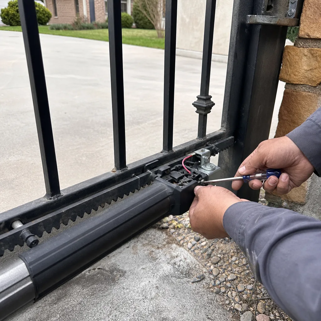 Technician performing automatic gate motor and opener repair
