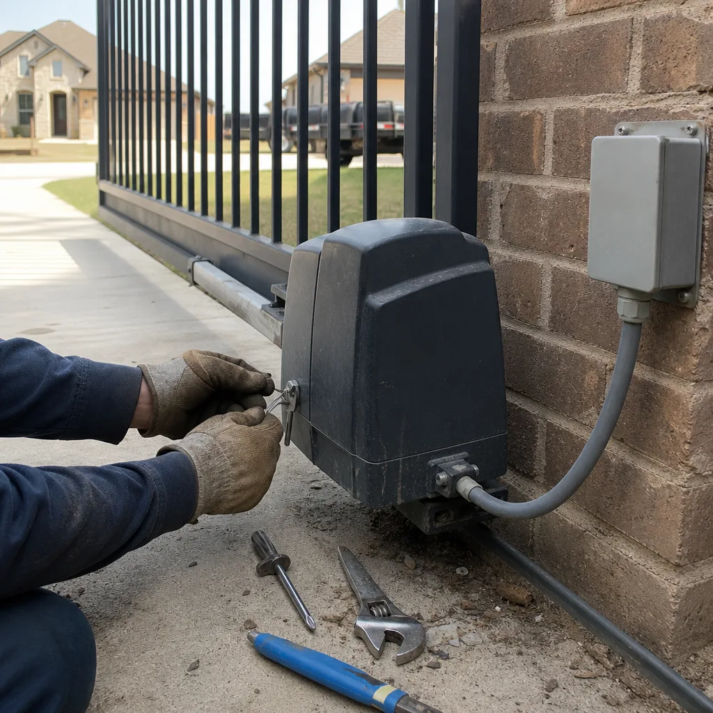 Technician performing maintenance on an automatic sliding gate motor